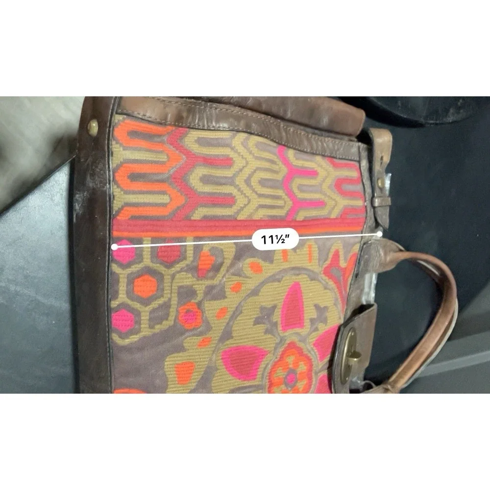 Fossil Vintage Leather Tapestry Satchel Handbag Boho Floral Key Charm Brown
